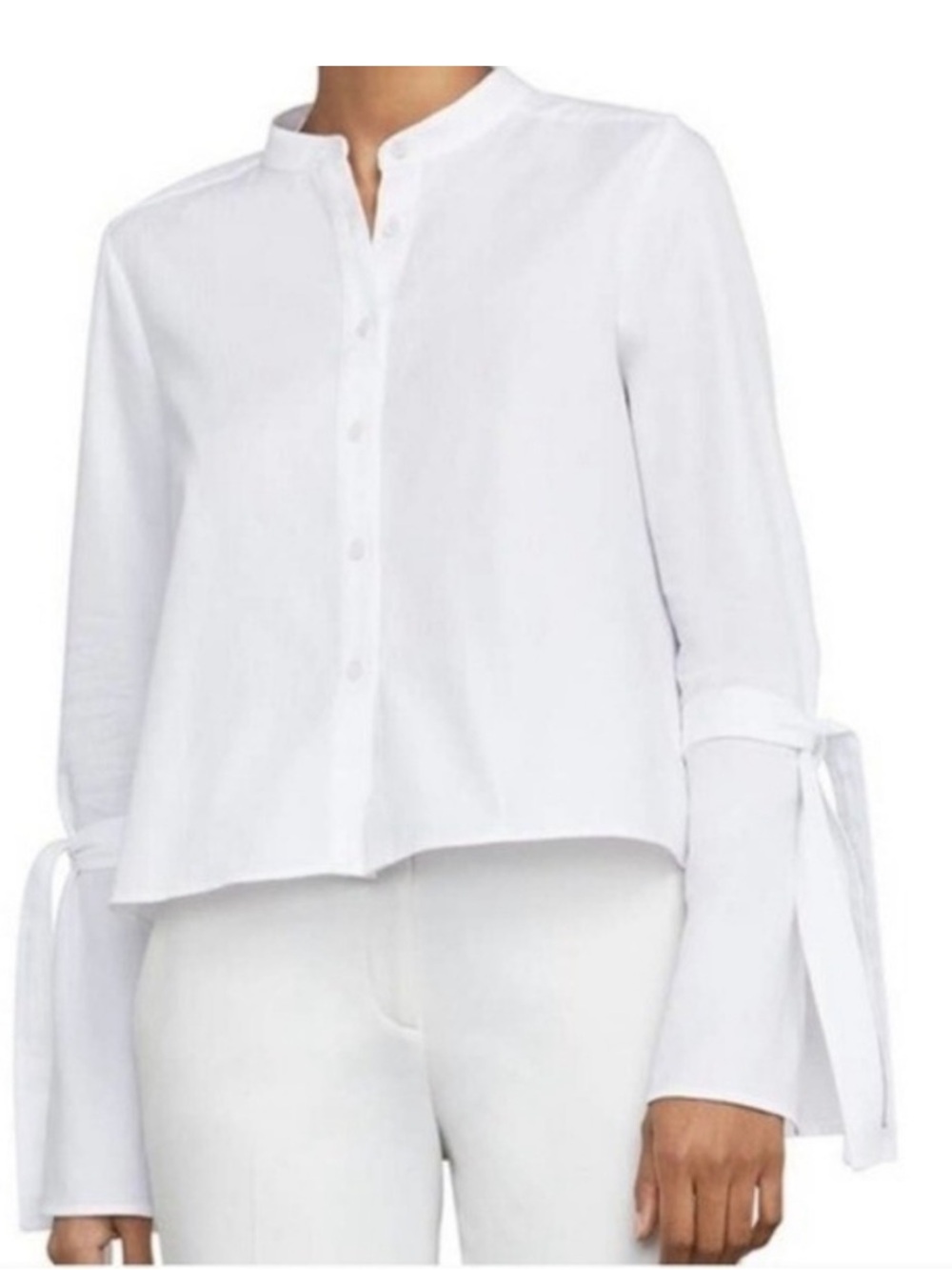 BCBGMaxAzria White Tie-Cuff Band Collar Button-Front Blouse